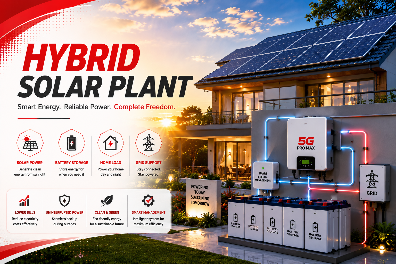 Hybrid solar plant with grid connection and battery backup