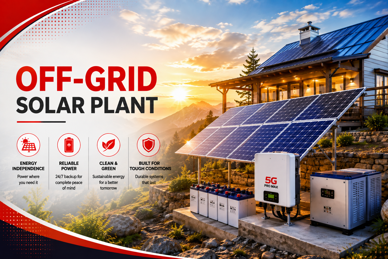 Off-grid solar plant with battery bank
